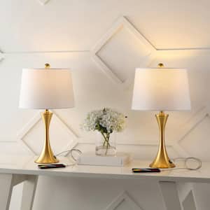 Bennett 22.75 in. Modern Iron Hourglass LED Table Lamp Set with Linen Shade and USB Charging Port, Brass Gold (Set of 2)
