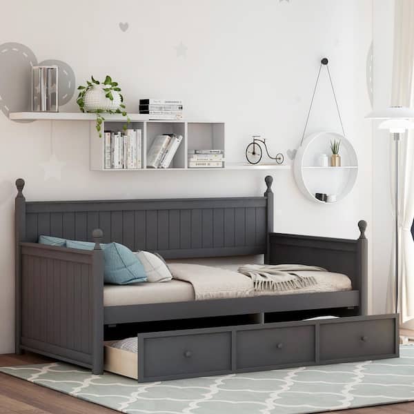 Gray Wood Frame Twin Size Daybed with Semi-Enclosed Bed Rail