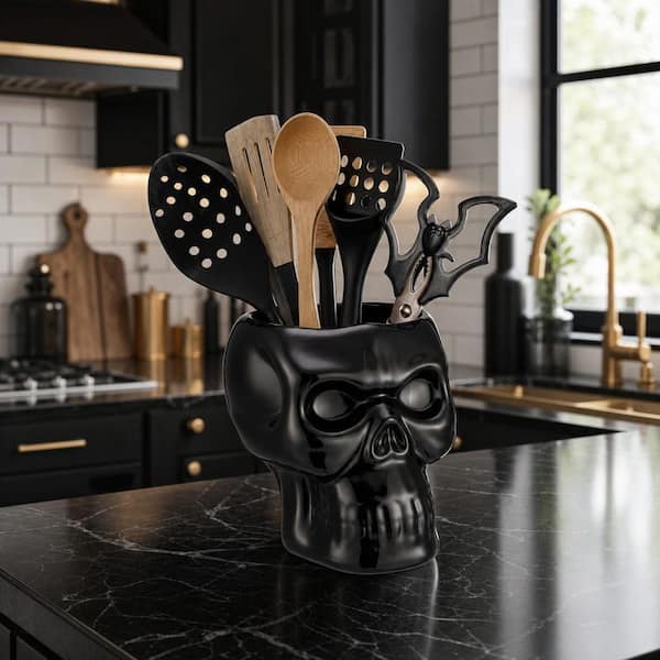 Gothic Black Ceramic Skull Kitchen Utensil Holder with 3D Realistic Skeleton Design and Large Capacity