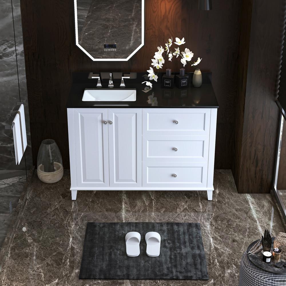 Hannah 48'' White Wood Freestanding Vanity with Black Quartz Top