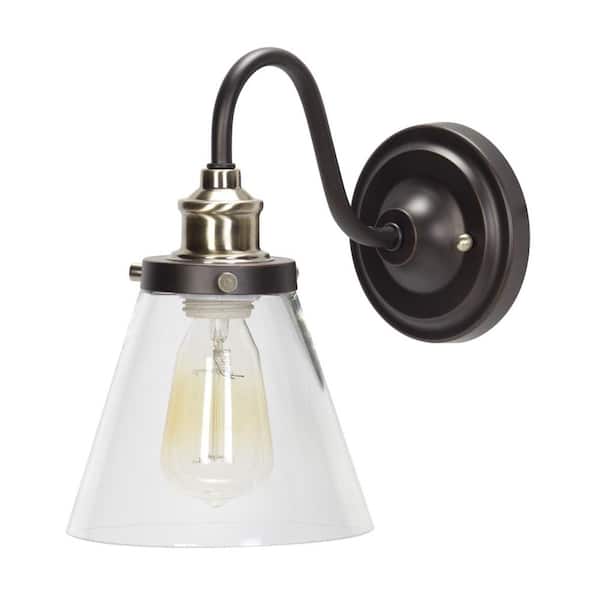 Globe Electric Jackson 1-Light Oil Rubbed Bronze and Antique Brass Wall Sconce Light with Clear Glass Shade