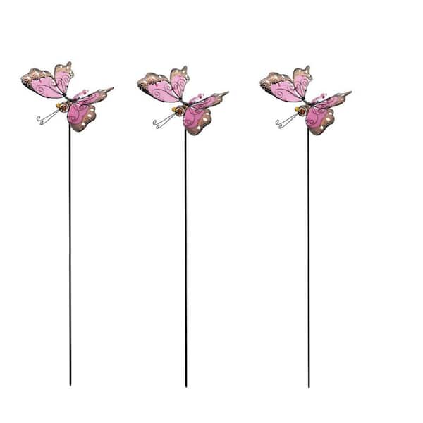 34 in. Butterfly Garden Stake Decoration for Luminous Metal Courtyard Lawn Path Terrace Ideal Gift for Mom (3-Pack)