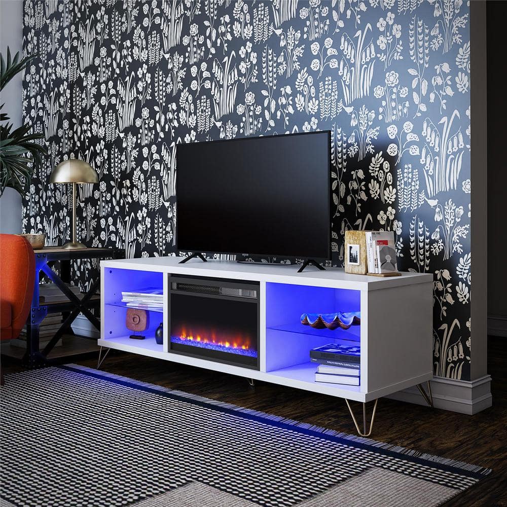 Finley 70" White Electric Fireplace TV Stand with Glass Shelves