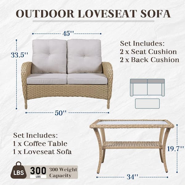 2-Piece Yellow Wicker Outdoor Loveseat Set Patio Rattan Loveseat with Beige Cushions and Coffee Table