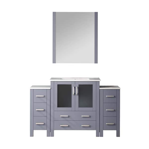 Volez 54 in. W x 18 in. D x 34 in. H Single Sink Bath Vanity in Dark Grey with White Ceramic Top and Mirror