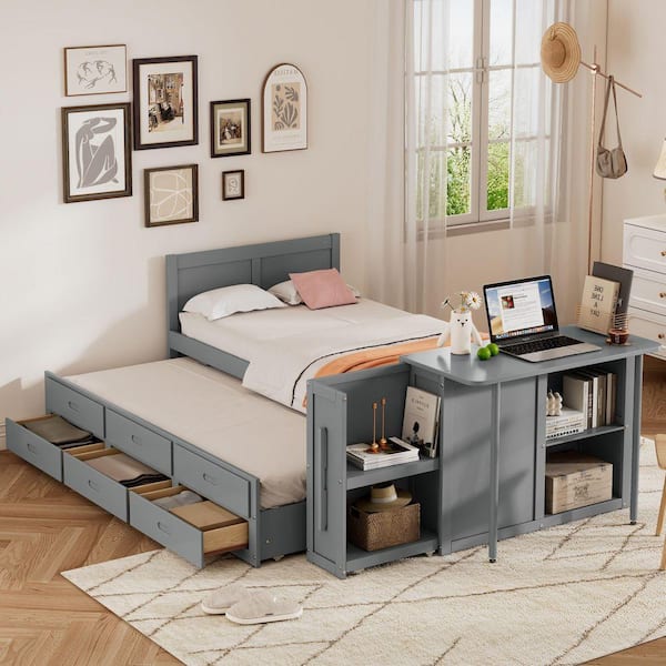 Nestfair Gray Wood Frame Twin Size Platform Bed with Trundle, Desk