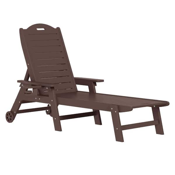 Brighton Outdoor Patio Poly Plastic All Weather Reclining Chaise Lounge Cup Holder Pool Chair w/ Wheels, Dark Brown