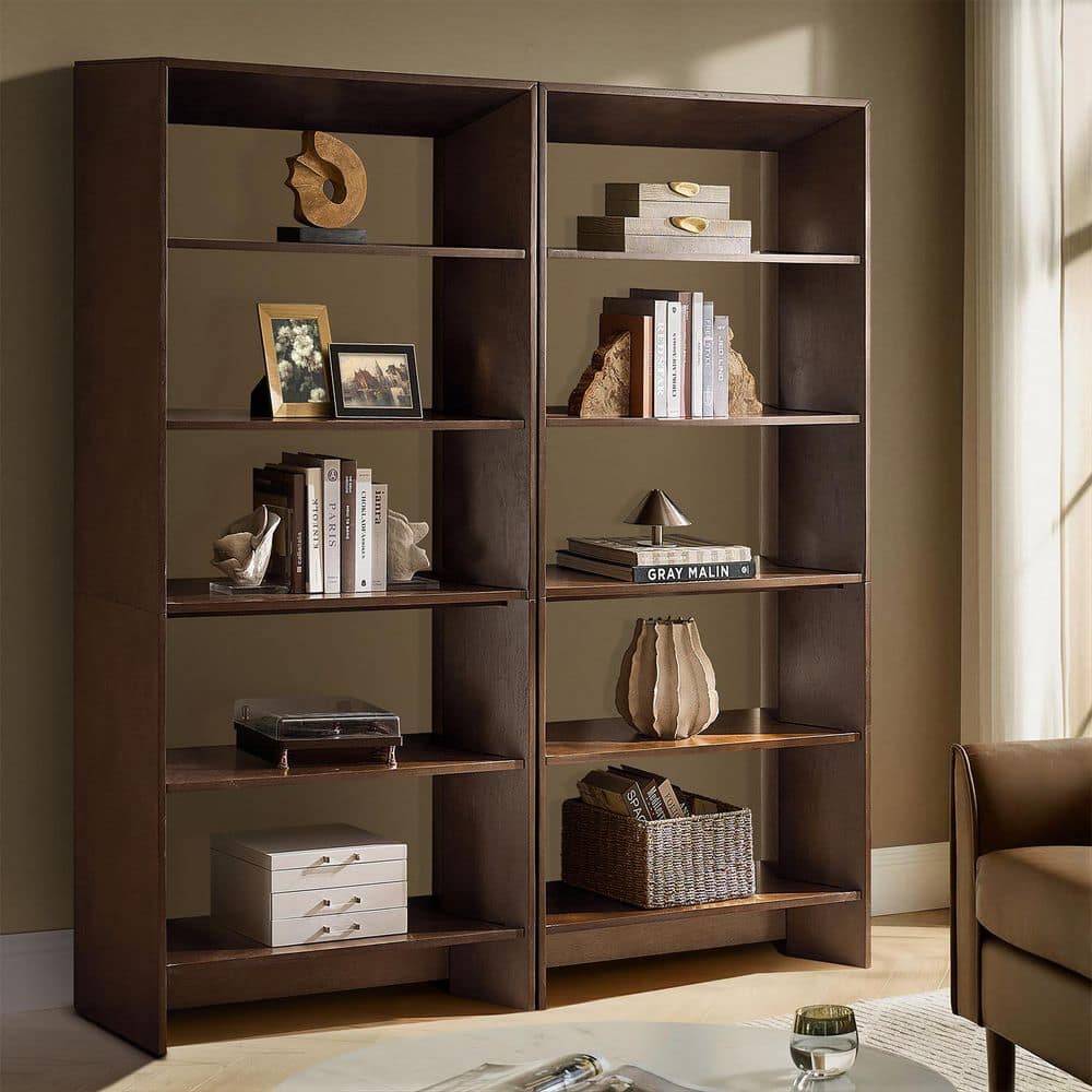 Tullia 76 in. Tall Walnut Wood Bookcase Set of 2 with Birch Veneer Finish