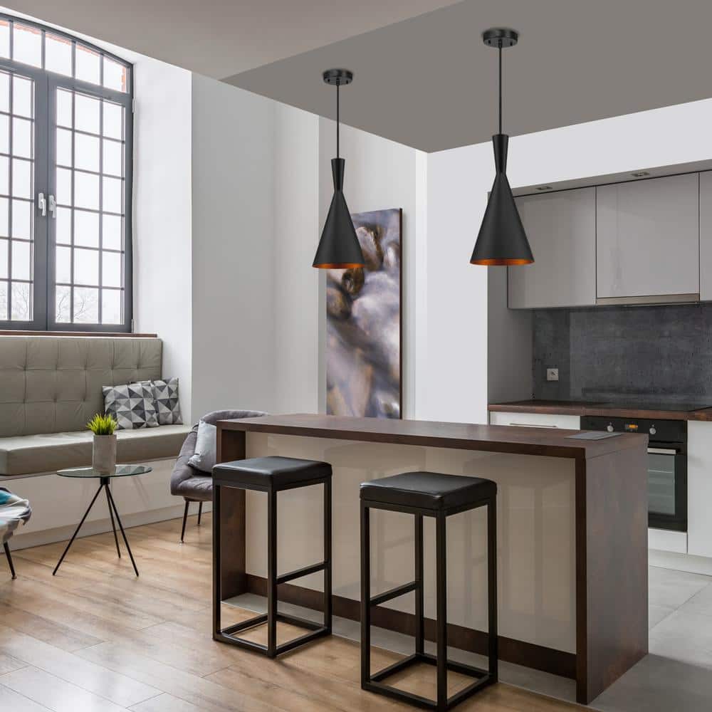 Matte Black and Gold Hourglass LED Pendant Light, 7.48"W x 63"H