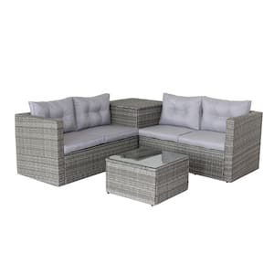 4-Piece Wicker Outdoor Sofa Sectional Set with Gray Cushions