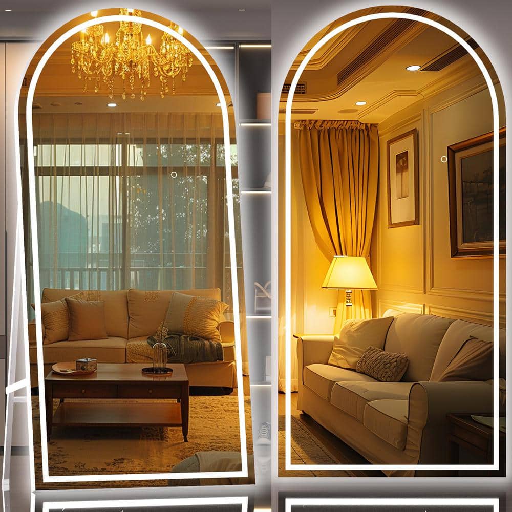 40 in. W x 95 in. H White Frame Arch LED Full-Length Mirror, Adjustable Bri