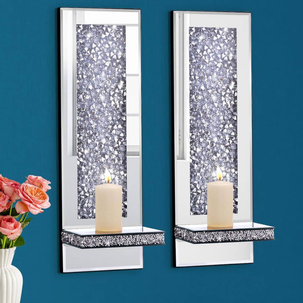 Crystal Crush Diamond Mirrored Candle Sconces, Silver Wall Candle Holder Set of 2 price history on PriceWatchPro