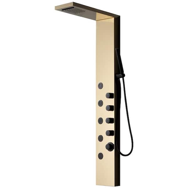 BWE 5-Jet Rainfall Shower Panel Tower System with Rainfall Waterfall Shower Head and Shower Wand in Black Gold