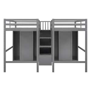 Double Twin Loft Beds with Wardrobes and Staircase, Gray