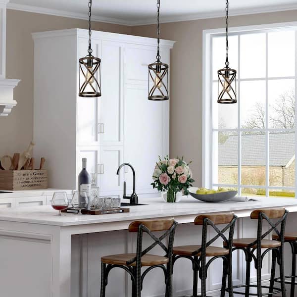 Modern Cage Chandelier Pendant Light Firefly 1-Light Farmhouse Bronze Drum Pendant Light with Wood Accent