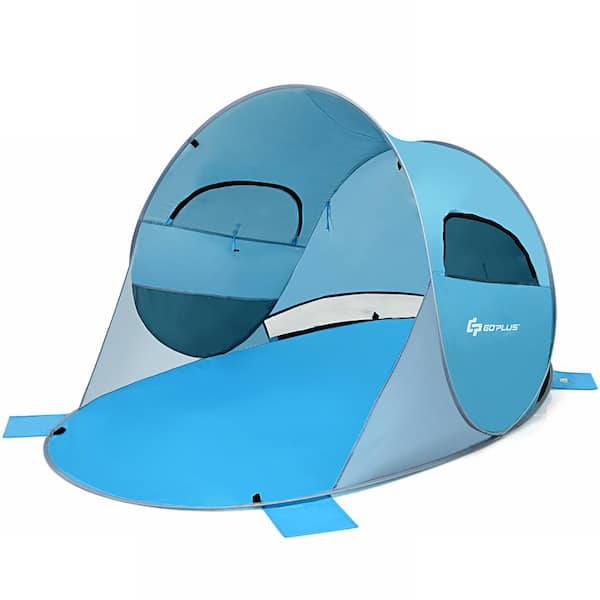 Costway 63 in. x 87 in. Blue Pop Up Beach Tent Anti-UV UPF 50 Plus Portable Sun Shelter for 3-Person to 4-Person