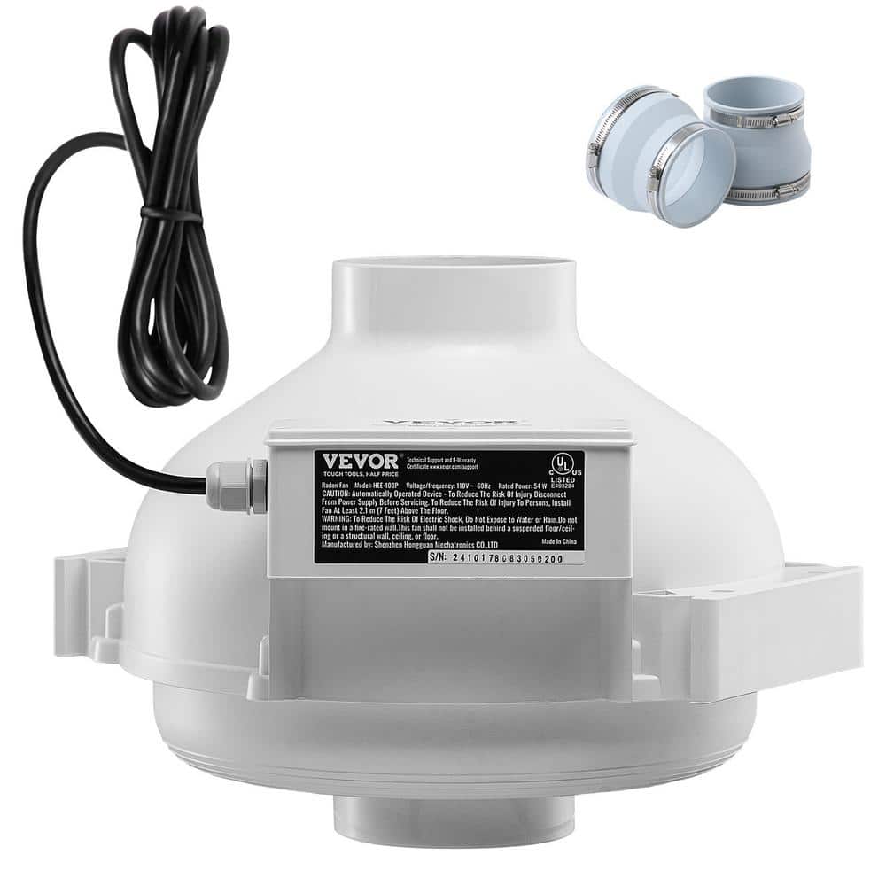 VEVOR 4 to 4.5 in. Radon Mitigation Fan System, Quiet 260-CFM Radon Mitigation Kit with 2-Couplers, Waterproof Radon Fan