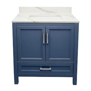 Nevado 31 in. Bathroom Vanity in Navy Blue with Qt. Stone Vanity Top Sink with Backsplash in Calcutta White Single Hole