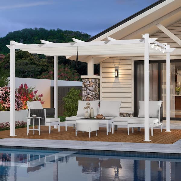 PURPLE LEAF 10 ft. x 13 ft. White Aluminum Frame Patio Pergola Gazebo with White Retractable Sunshade Canopy and Extra Top Roof