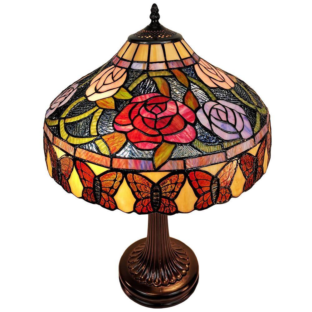 23" Bronze Stained Glass Floral Butterfly Table Lamp