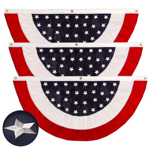 3 ft. x 6 ft. Embroidered USA Star Center Pleated Fan Flag Patriotic Banner with Canvas Header Brass Grommets (3-Pack)
