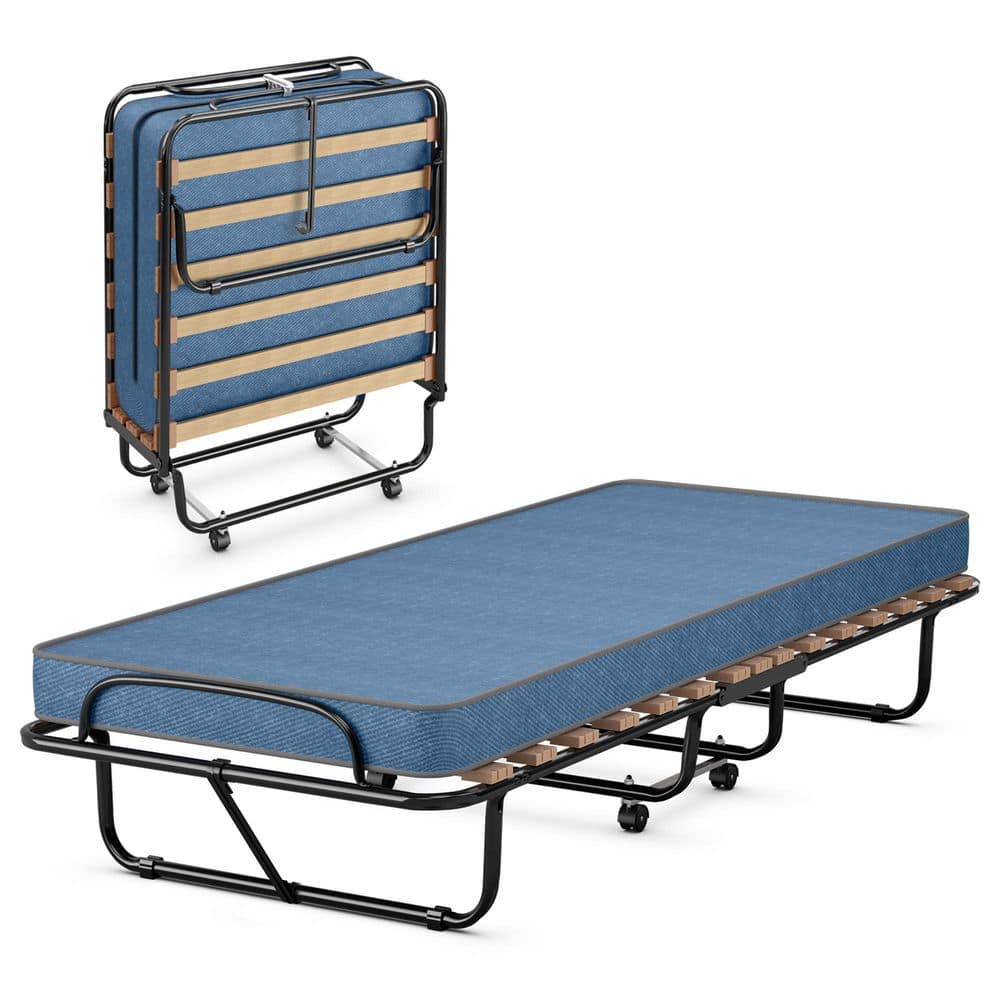 Costway Portable Folding Bed with Mattress Rollaway Cot Made In Italy Navy\Beige