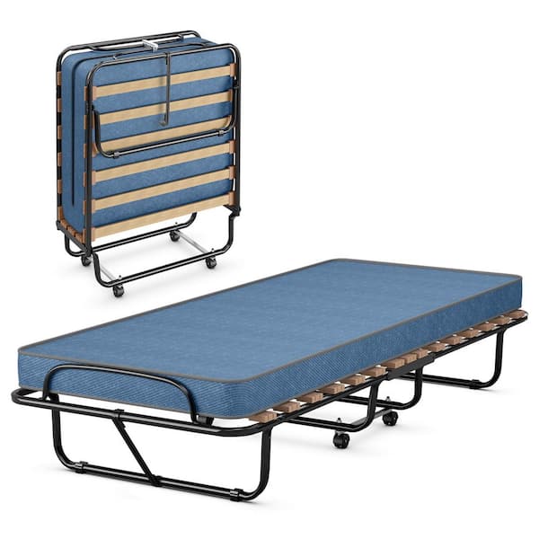 Costway Portable Memory Foam Folding Bed with Mattress Rollaway Cot Navy