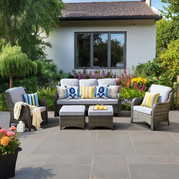 Clario 5-Piece Wicker Outdoor Furniture Patio Conversation Seating Set with Gray Cushion & Ottomans for Backyard, Deck