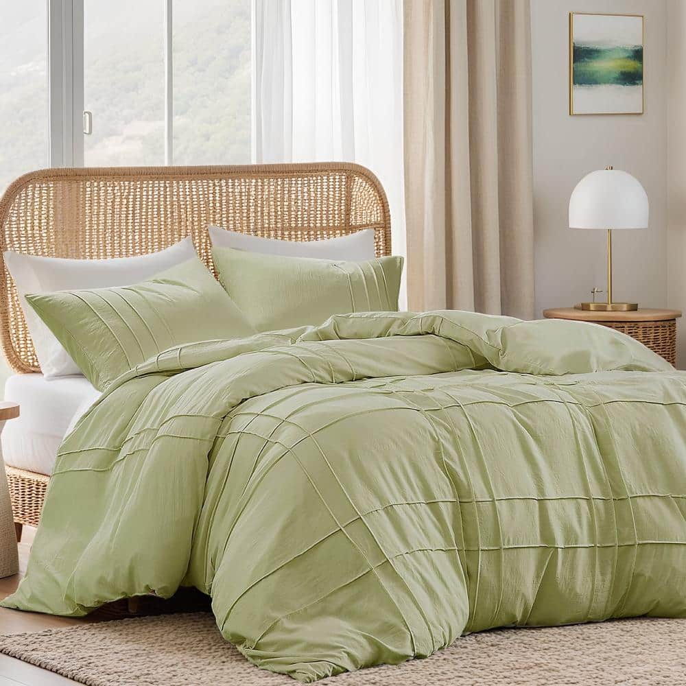 3 Pieces Full Size Duvet Cover Set Sage Green Pleated Bedding Set with Pillow Shams price history on PriceWatchPro
