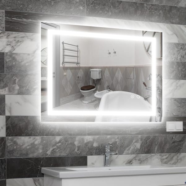 Andrea 32 in. W x 24 in. H Large Rectangular Frameless Anti-Fog Dimmable Wall Mount LED Light Bathroom Vanity Mirror in Silver