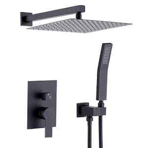 Single Handle 2-Spray Square 12 in. Wall Mount Dual Shower Head Hand Shower Faucet in Matte Black