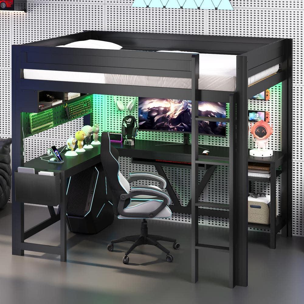 Black Full Size Loft Bed with Desk, Storage Shelves, LED, Charging Station price history on PriceWatchPro
