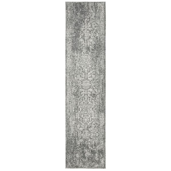Evoke Gray/Ivory 2 ft. x 17 ft. Distressed Border Medallion Runner Rug