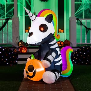 Syncfun 5 FT Tall Sitting Skeleton Unicorn Inflatable with Built-in LEDs for Halloween Decor