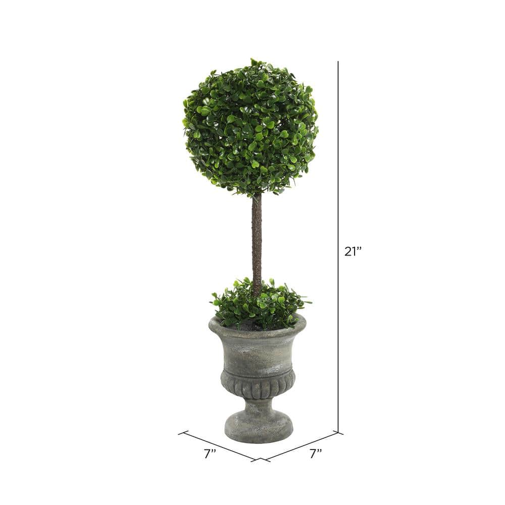 21" Green Plastic Boxwood Topiary in Gray Pedestal Urn