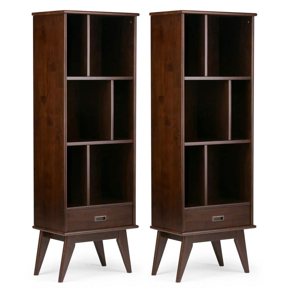 Draper 64 in. Tall Medium Auburn Brown Solid Wood 6-Shelf Mid-Century Modern Cubbie Bookcase with Drawer (Set of 2)