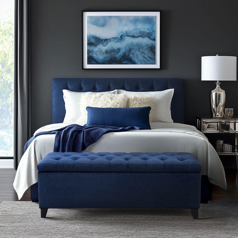 Sasha Navy Tufted Top Storage Ottoman with Black Noir Legs