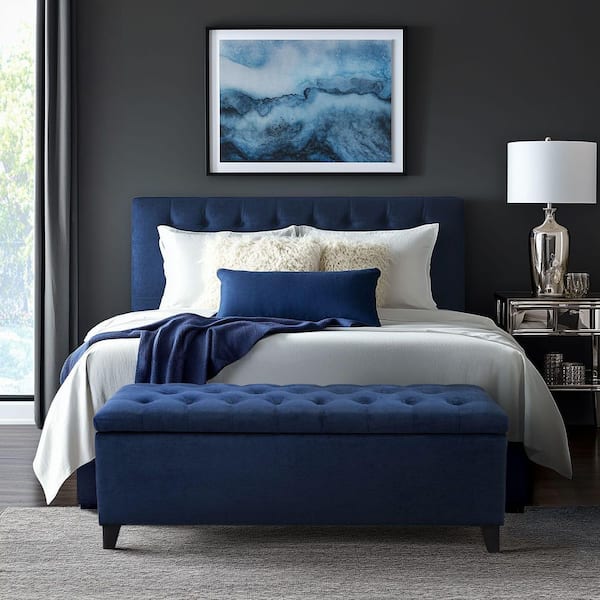 Madison Park Sasha Navy Bedroom Bench with Tufted Top Upholstered ...