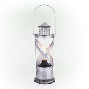 15 in. H Indoor/Outdoor Vintage Metal Lantern with LED Lights in Silver