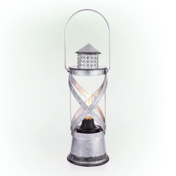 Alpine Corporation 15 in. H Indoor/Outdoor Vintage Metal Lantern with LED Lights in Silver