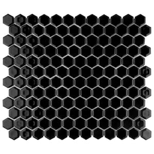 Hudson 1 in. Hex Glossy Black 11-7/8 in. x 13-1/4 in. Porcelain Mosaic Tile (11.2 sq. ft./Case)