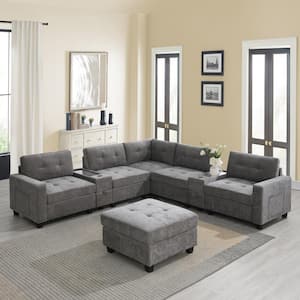 104 in. Chenille U-Shaped Sectional Sofa in Gray with Ottoman, 2-Consoles, Wireless Charging, Storage Drawers