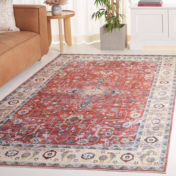 Arizona Rust/Beige 9 ft. x 12 ft. Border Ornate Machine Washable Area Rug