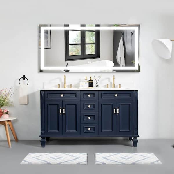 WELLFOR 60 in. W x 28 in. H Rectangular Frameless LED Lighted Anti-Fog Wall Mounted Bathroom Vanity Mirror