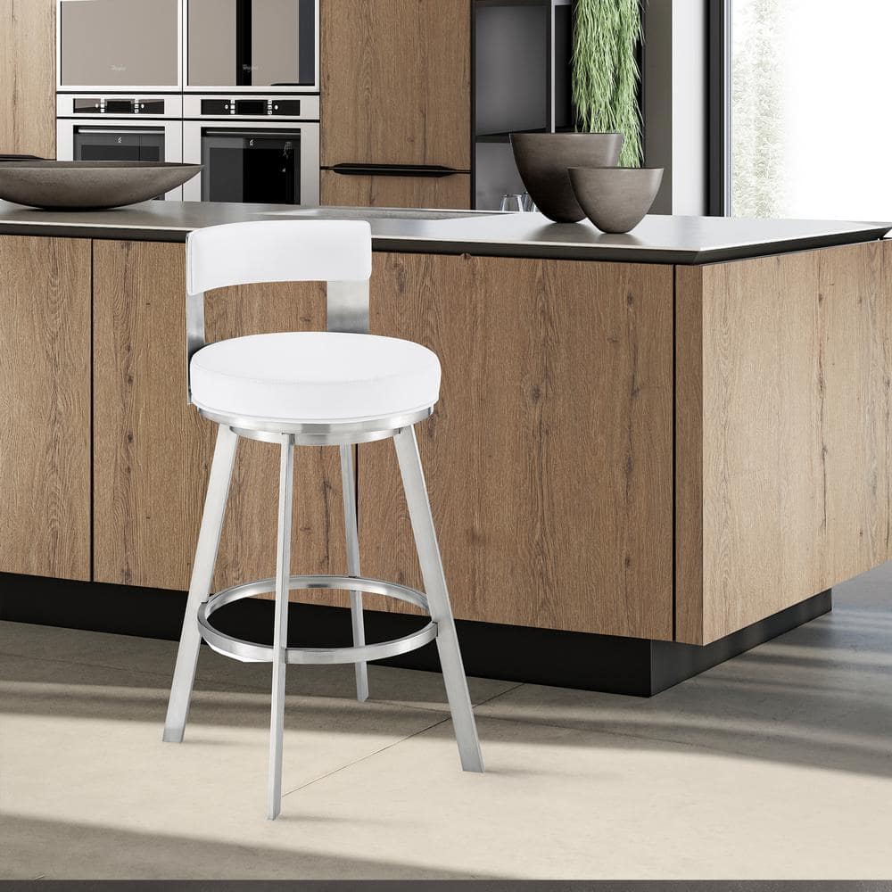 Lynof 38 in. White/Brushed Stainless Steel 30 in. Bar Stool with Faux Leath