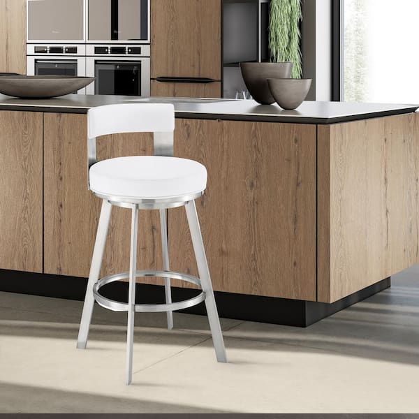 Armen Living Lynof 38 in. White/Brushed Stainless Steel 30 in. Bar Stool with Faux Leather Seat