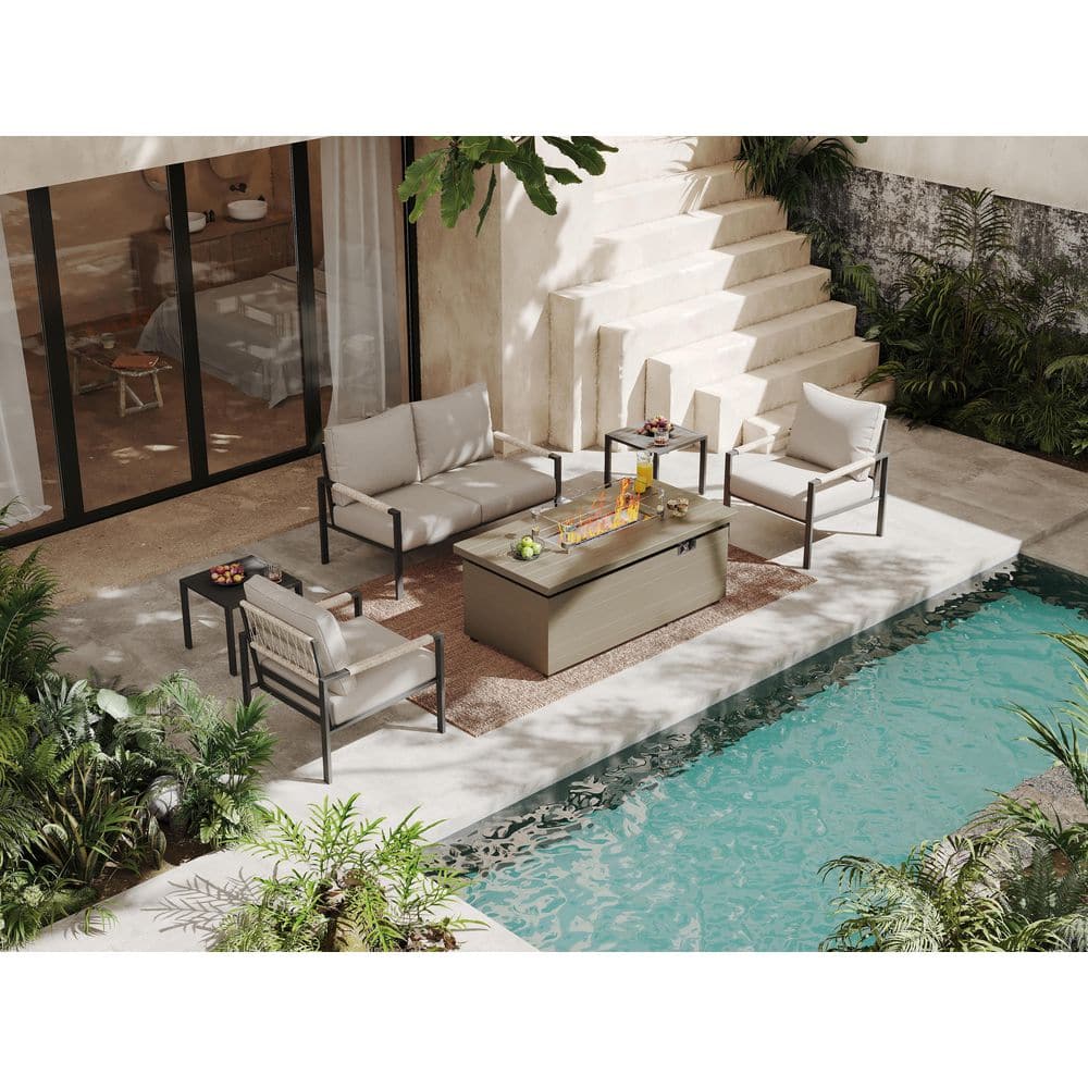 6-Piece Wicker Patio Conversation Set with 51in. Ollive Green Fire Pit, Outdoor Furniture Set with Warm Gray Cushions price history on PriceWatchPro