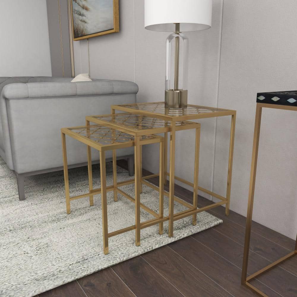 Elegant Gold Metal and Clear Glass Nesting Tables - Set of 3