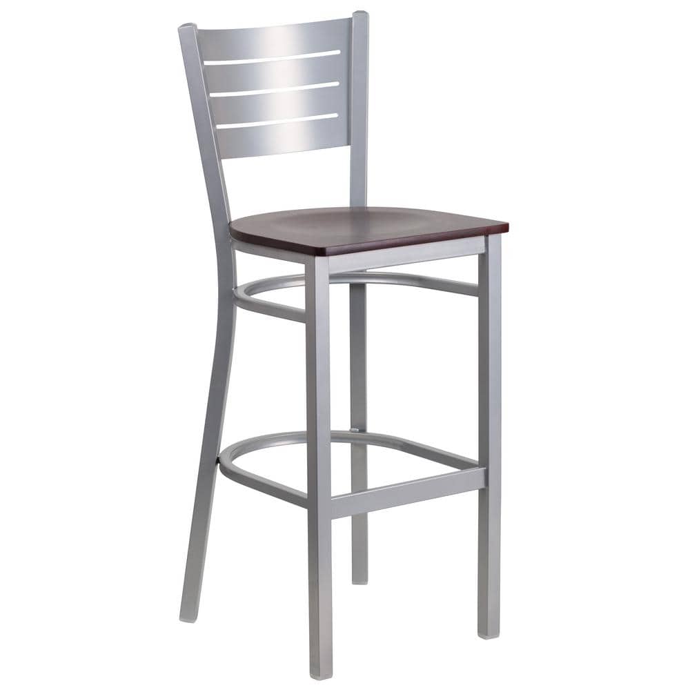 Sleek Silver Metal and Mahogany Wood Slat Back Barstool