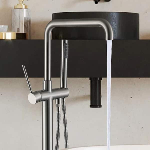 Single-Handle Freestanding Bathtub Faucet with Hand Shower in Brushed Nickel